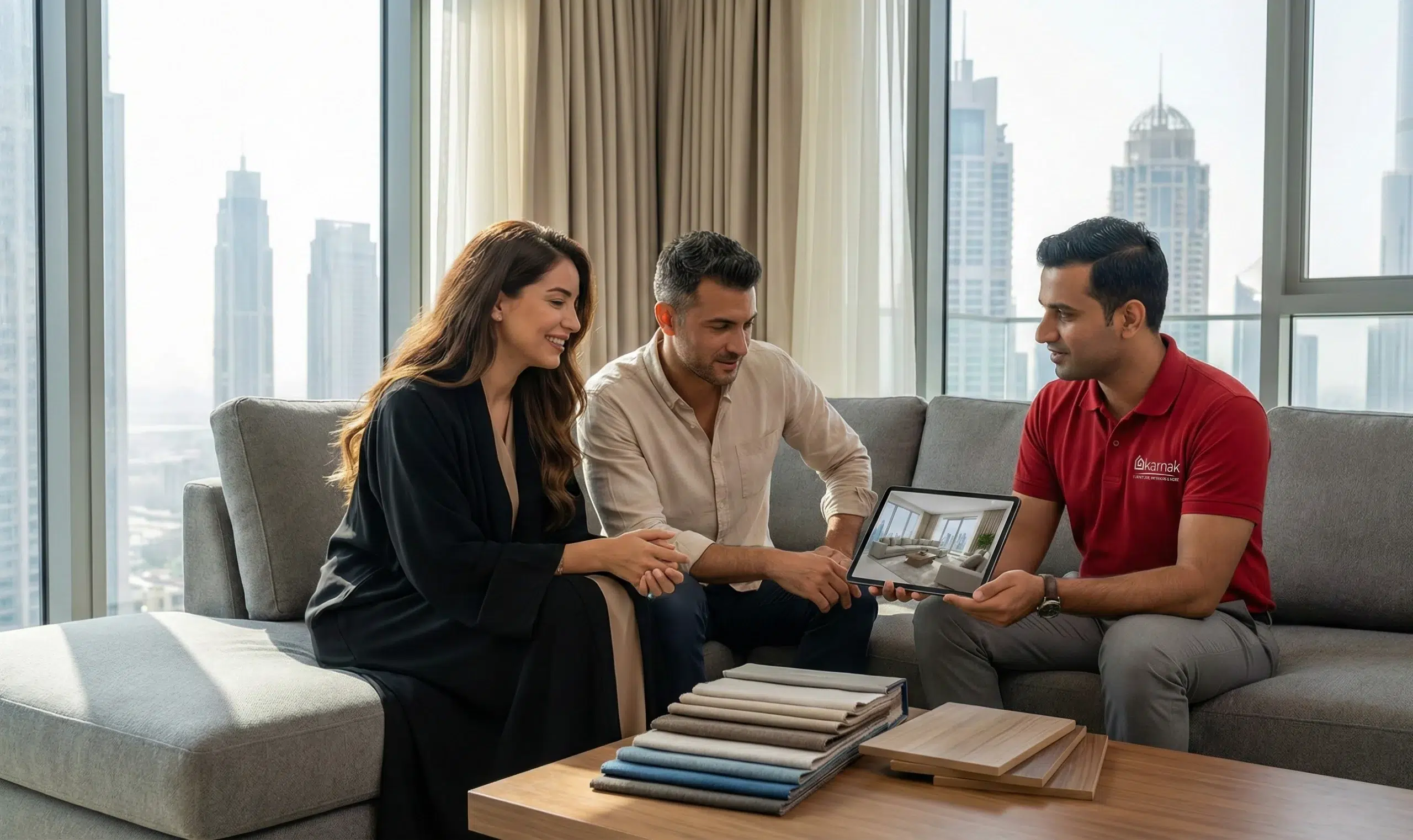 Custom living room furniture measurement process in Dubai homes - precise made-to-measure service at karnak home