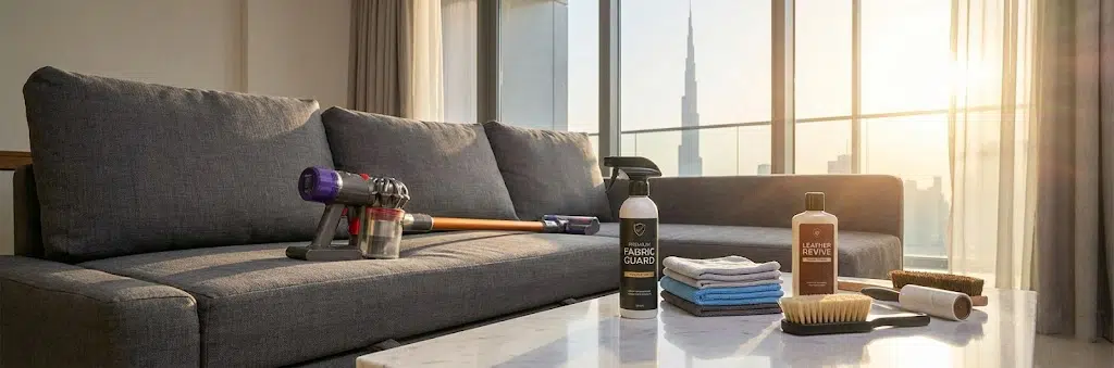 Comprehensive sofa bed maintenance guide for Dubai climate showing proper care techniques and professional supplies