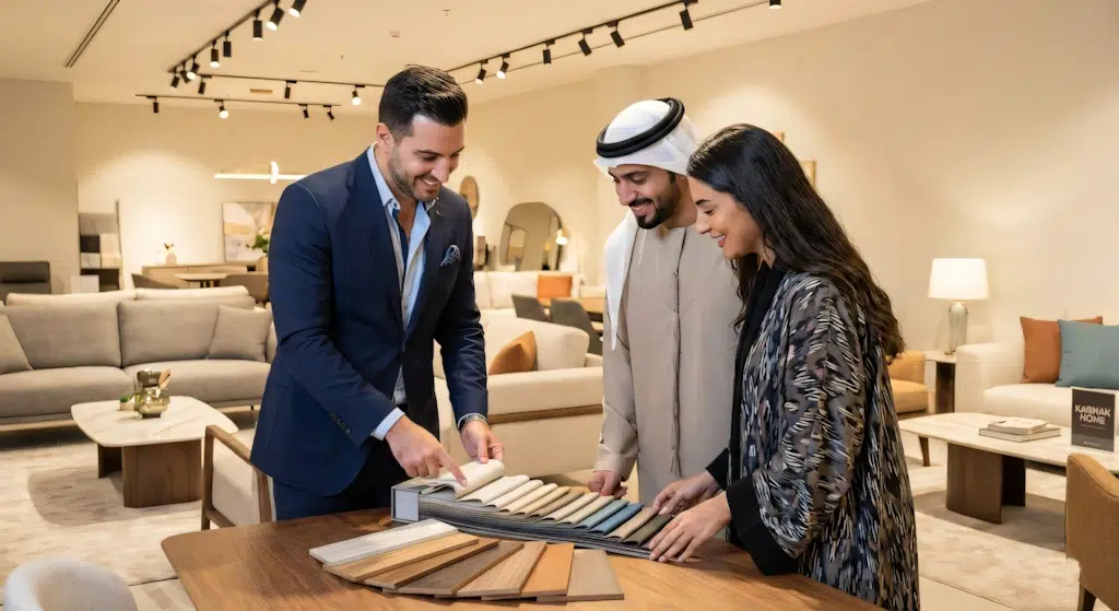 Free design consultation Dubai - bespoke living room furniture planning at Karnak Home Arjan showroom by karnak home