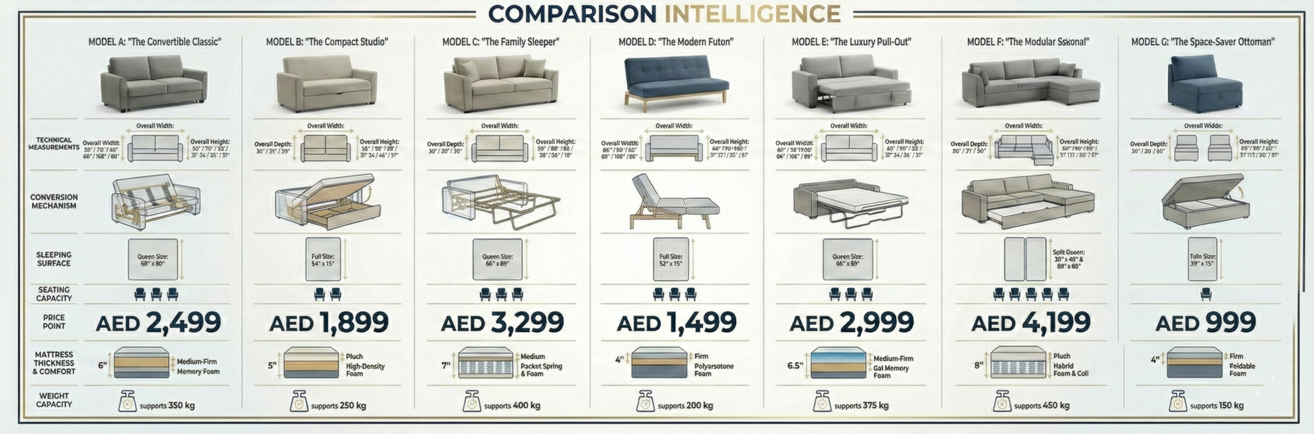  Complete sofa beds Dubai comparison guide showing all models, sizes, mechanisms, and technical specifications for easy selection