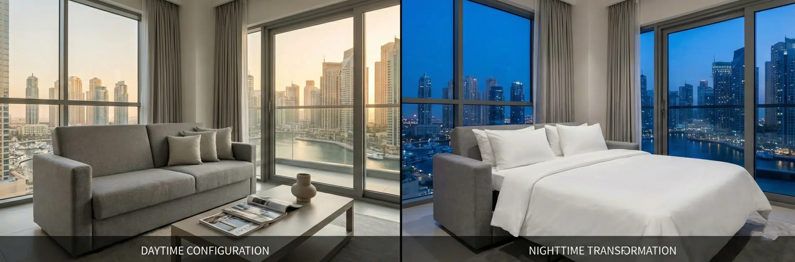 Space-saving sofa cum bed transformation from daytime seating to nighttime sleeping in Dubai Marina apartment
