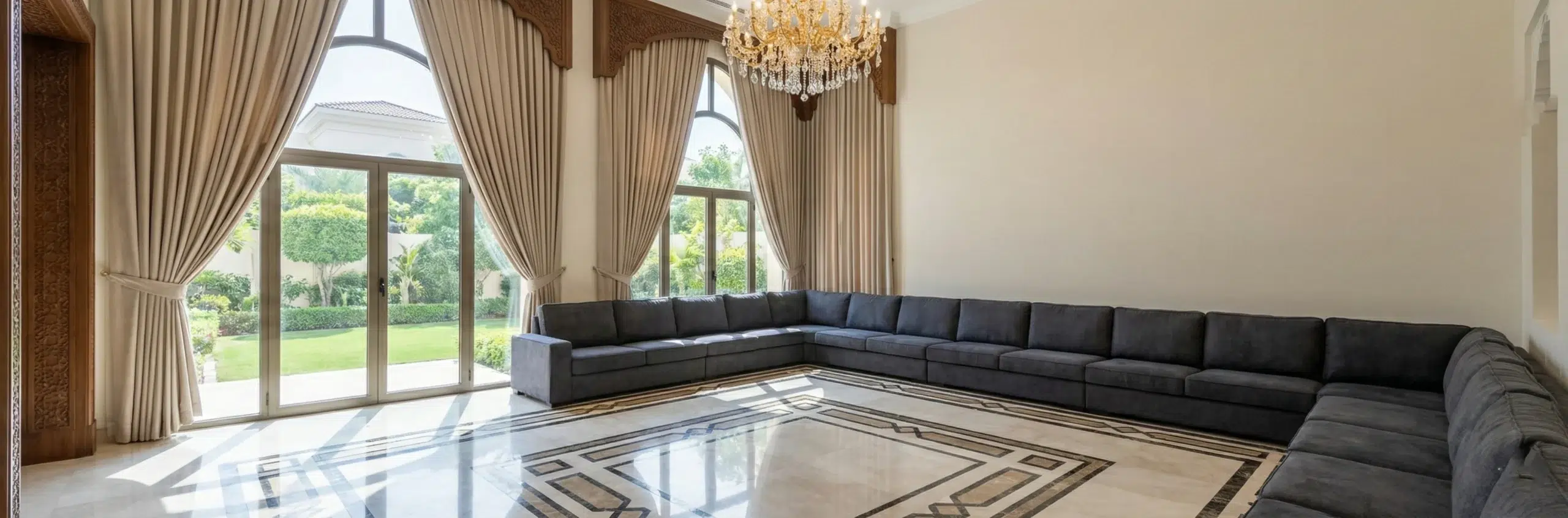 Corner sofa bed and L-shape sleeper sofa bed designs for Emirates Hills villas and large UAE homes