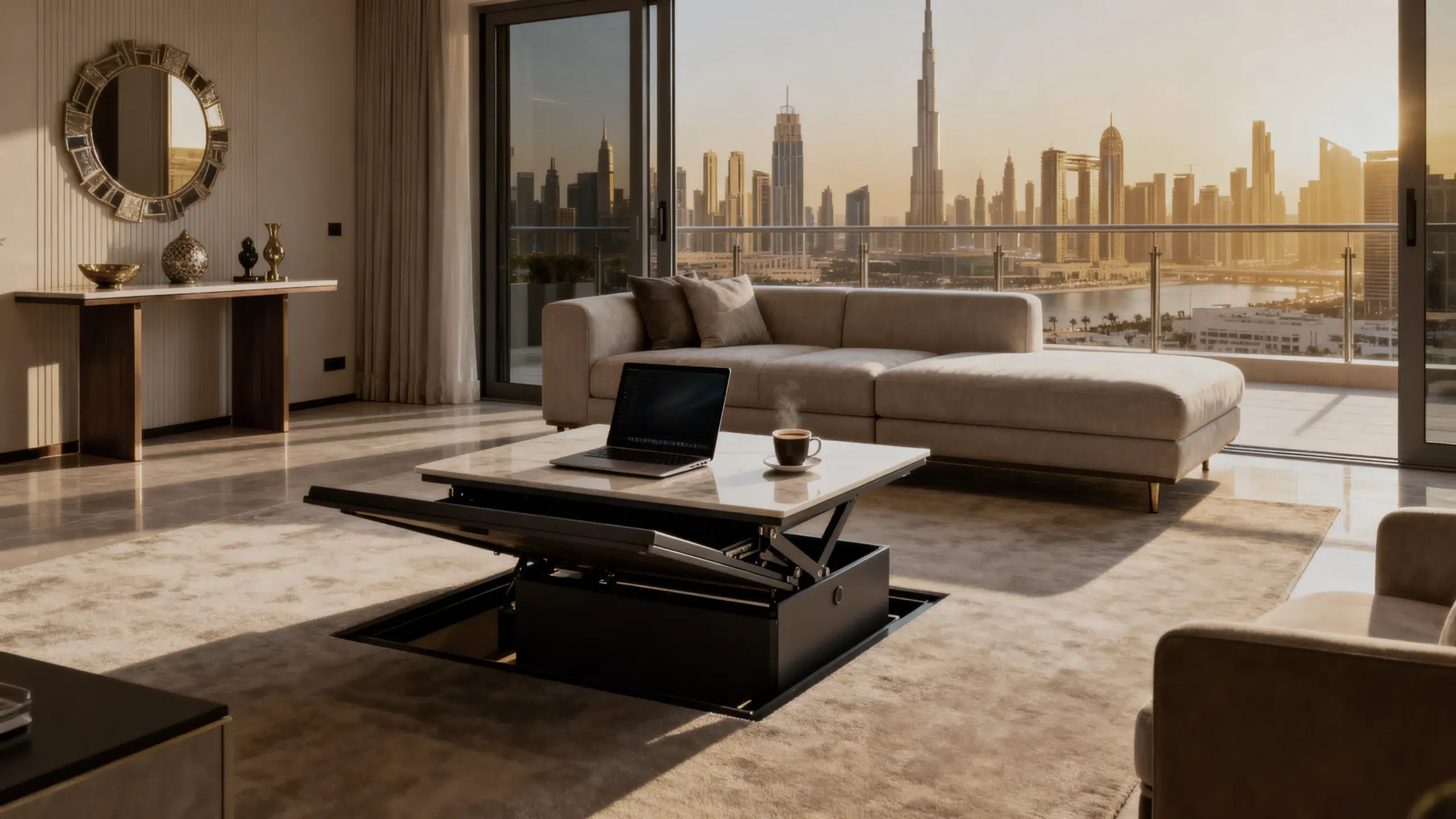 Chaise sectional installation Jumeirah Lake Towers - bespoke space planning Dubai customer testimonial by karnak home