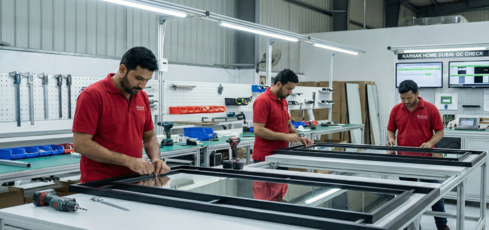 Karnak Home craftsmen manufacturing modern floor mirror UAE in Dubai facility