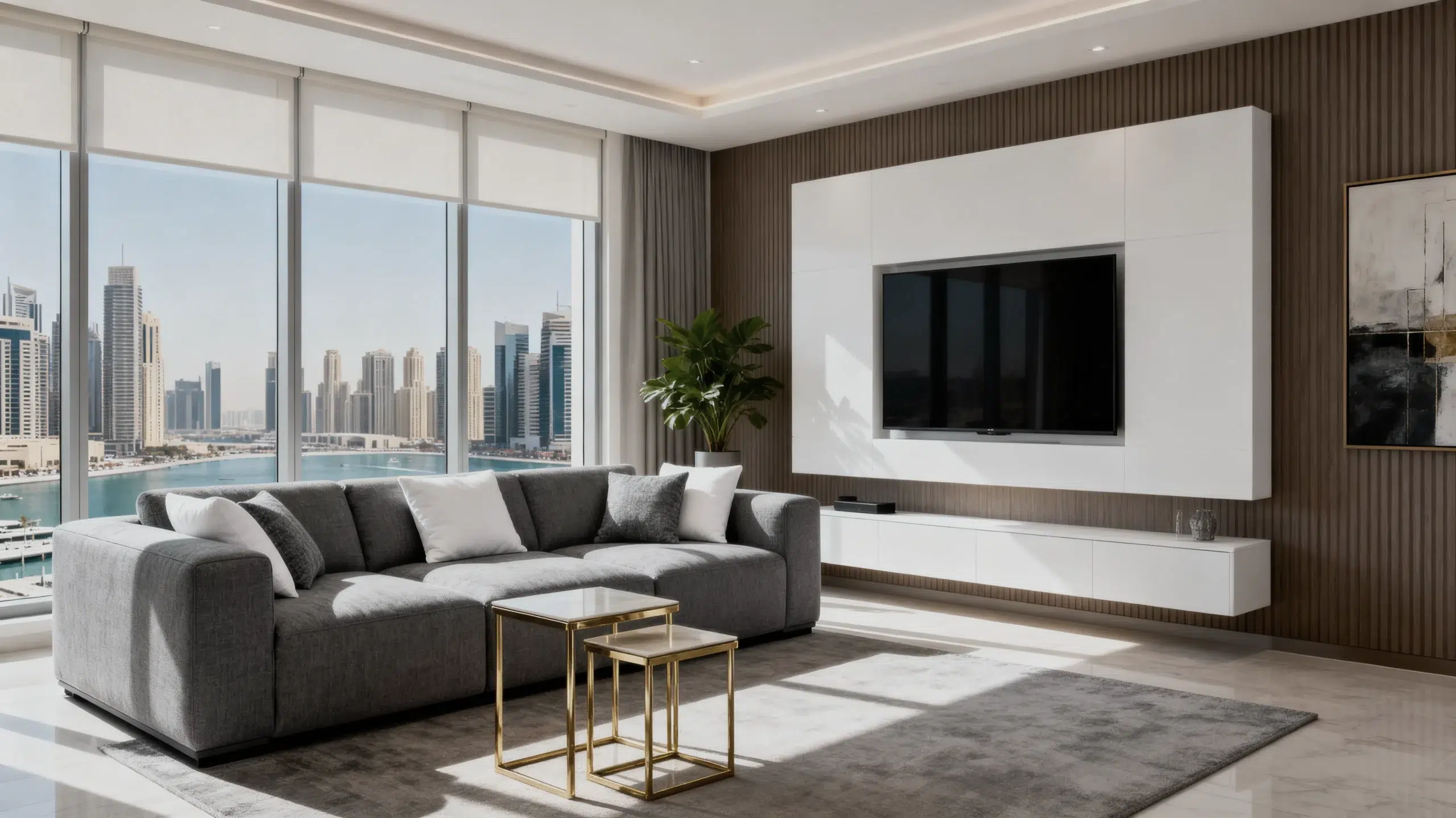 L-shaped sectional installation Dubai Marina apartment - UV-protected fabric customer testimonial by Karnak Home