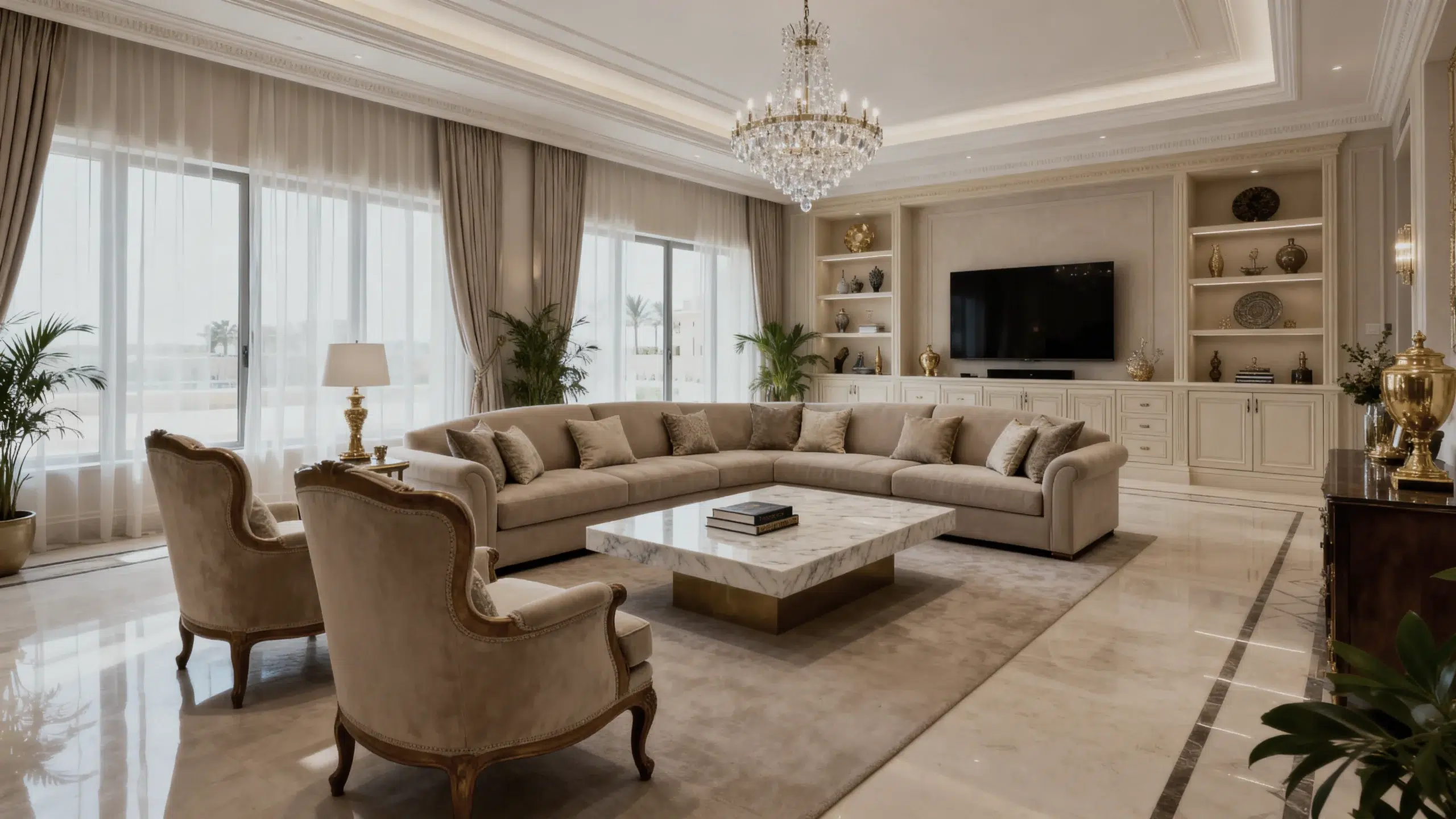 Villa living room furniture Emirates Hills - U-shaped sectional sofa, luxury furniture for spacious Dubai homes by karnak home