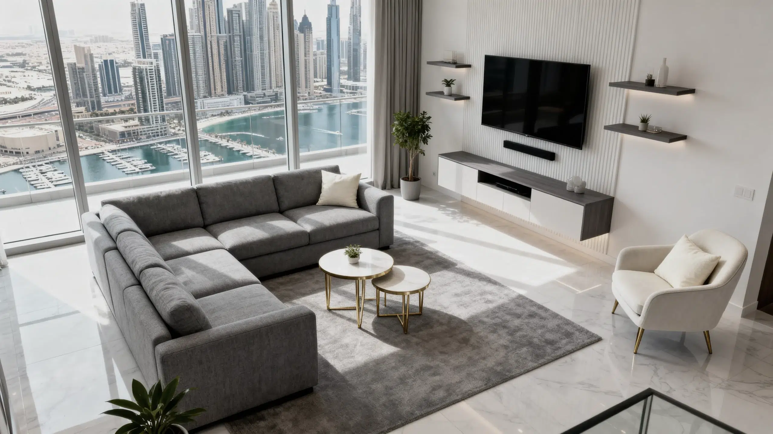 Apartment living room furniture Dubai Marina - space-saving sectional sofa, wall-mounted TV unit for high-rise homes by karnak home