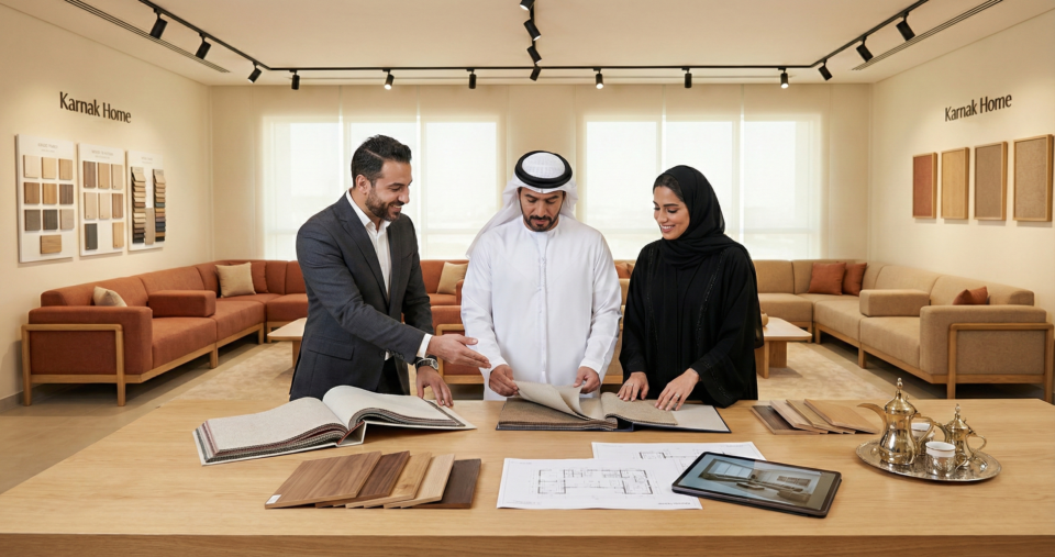 Karnak Home custom Arabic majlis consultation in Dubai showroom showcasing quality craftsmanship and design expertise