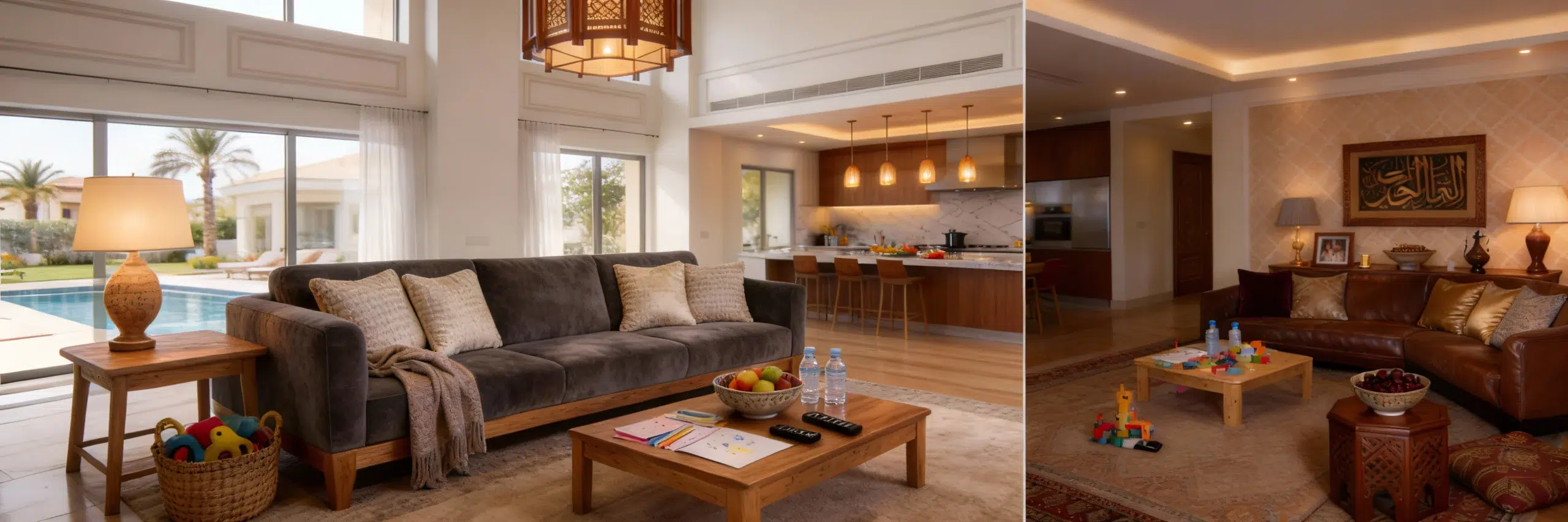 L-shape sofa Abu Dhabi placement ideas - villa living room, family room, majlis 3-seater sofas styling at karnak home