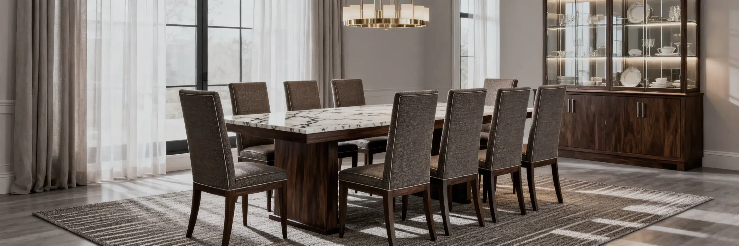 Elegant dining room furniture with 8-seater rectangular walnut table with marble inlay, eight upholstered high-back dining chairs, sideboard buffet, glass display cabinet with interior lighting, chandelier, area rug, sheer curtains