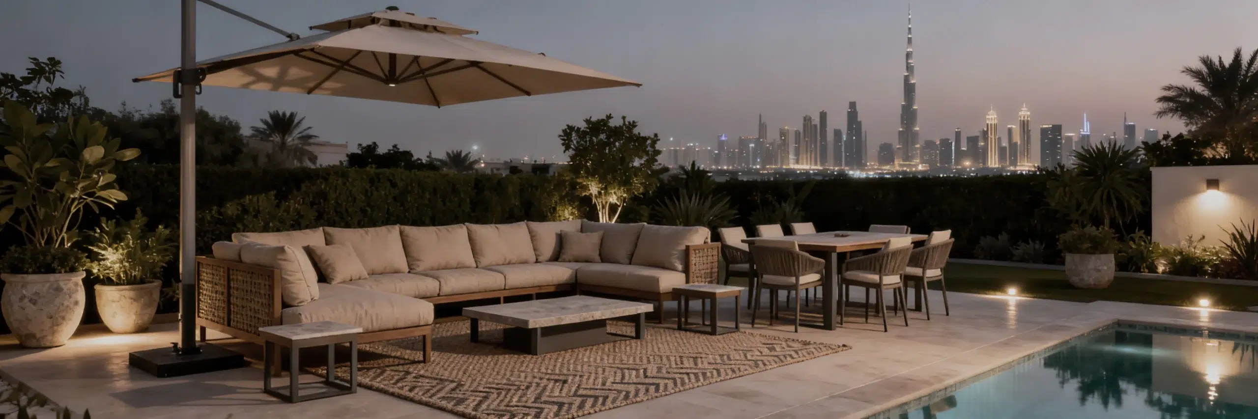 Luxury villa outdoor patio featuring weather-resistant L-shaped sectional sofa with waterproof beige cushions, 6-person outdoor dining set, coffee table, side tables, rug, parasol umbrella, planters, Dubai skyline background, pool visible, evening lighting