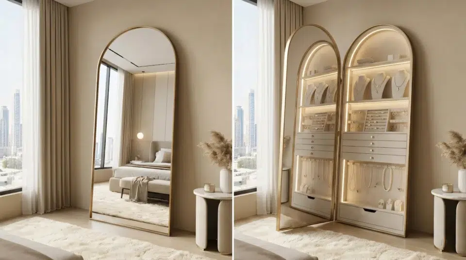 Modern floor mirror UAE with hidden jewelry storage cabinet in Dubai
