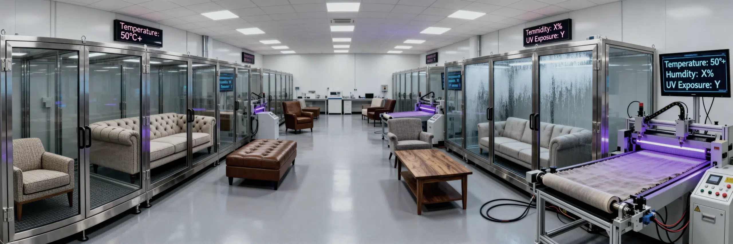 Professional furniture climate testing laboratory with temperature control chambers, humidity monitoring equipment displaying 50°C readings, UV exposure testing machines, fabric durability test apparatus, moisture resistance chambers for UAE furniture quality control