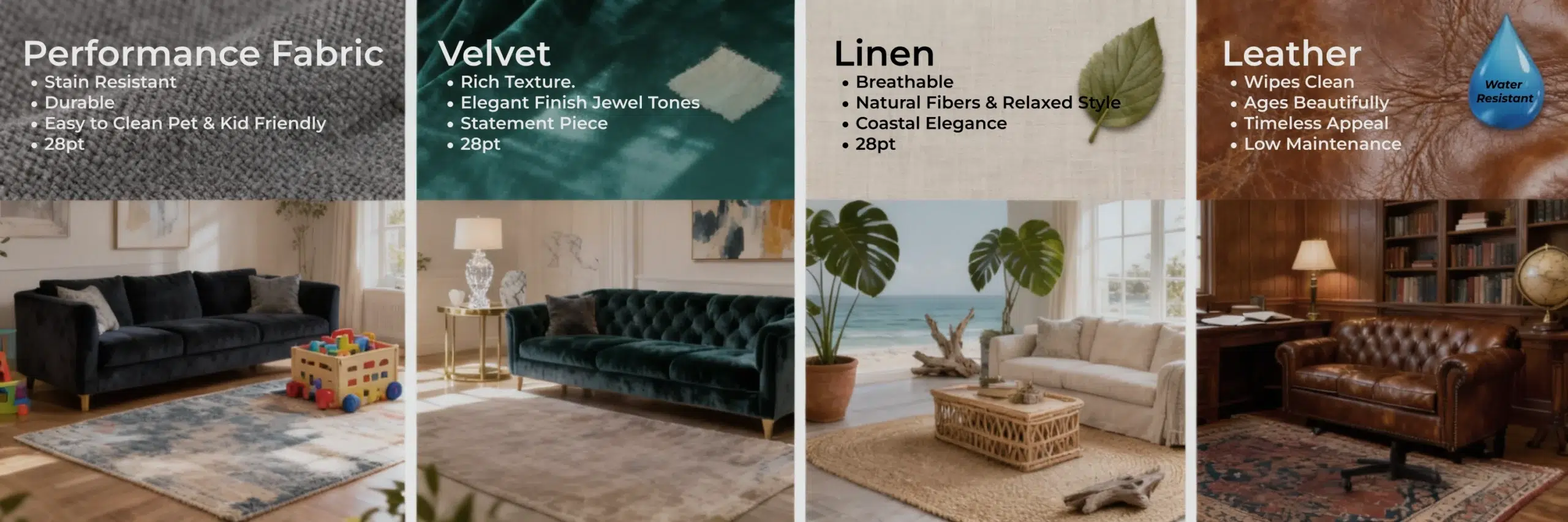 Sofa fabric guide UAE - performance, velvet, linen, leather options for Dubai climate and lifestyle at karnak home