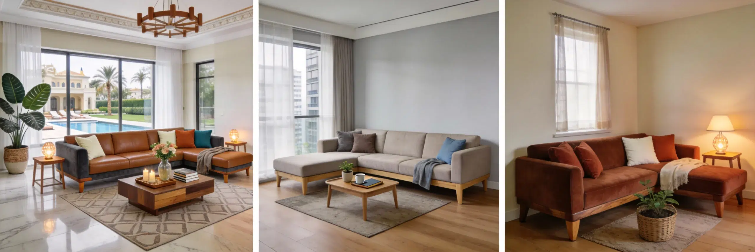 Three seater sofa Dubai quality details - linen fabric, reinforced corners, deep cushioning at Karnak Home