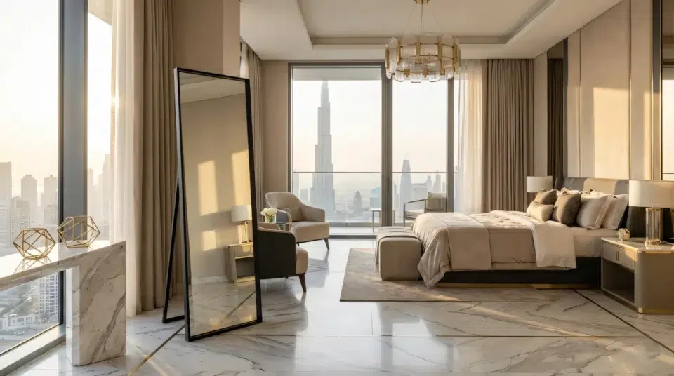 Modern floor mirror UAE in luxury Dubai Marina master bedroom in Dubai