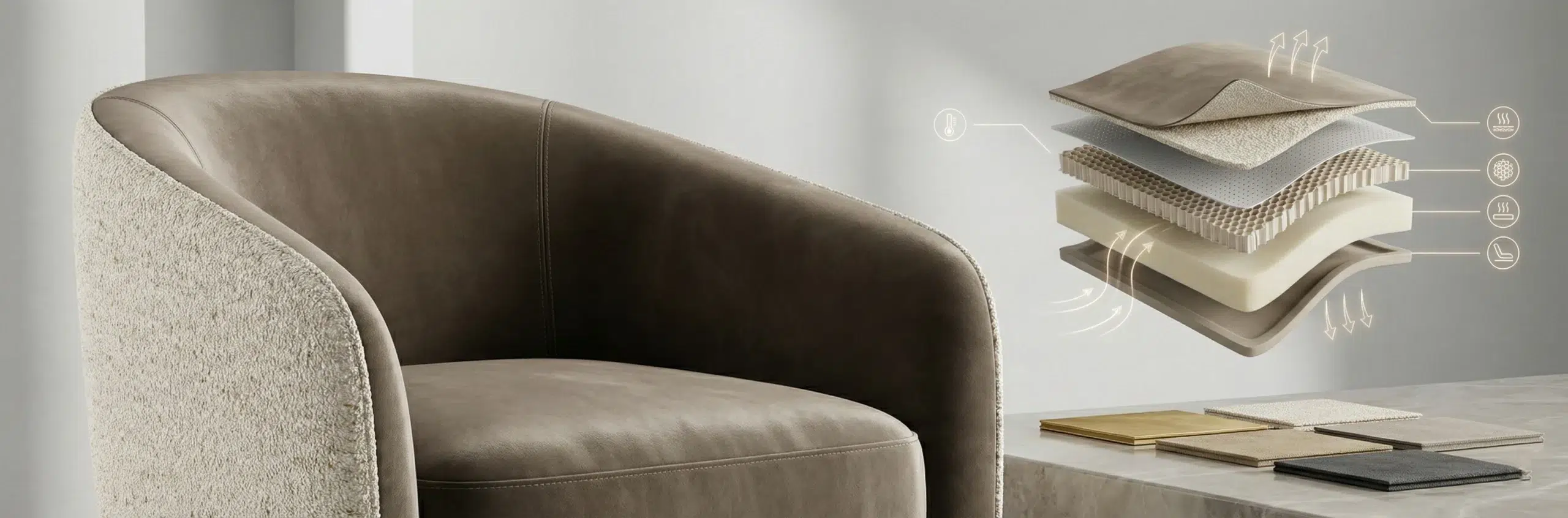 Advanced 2026 accent chairs featuring UV-resistant fabrics, moisture-wicking materials, and ergonomic design elements for Dubai climate