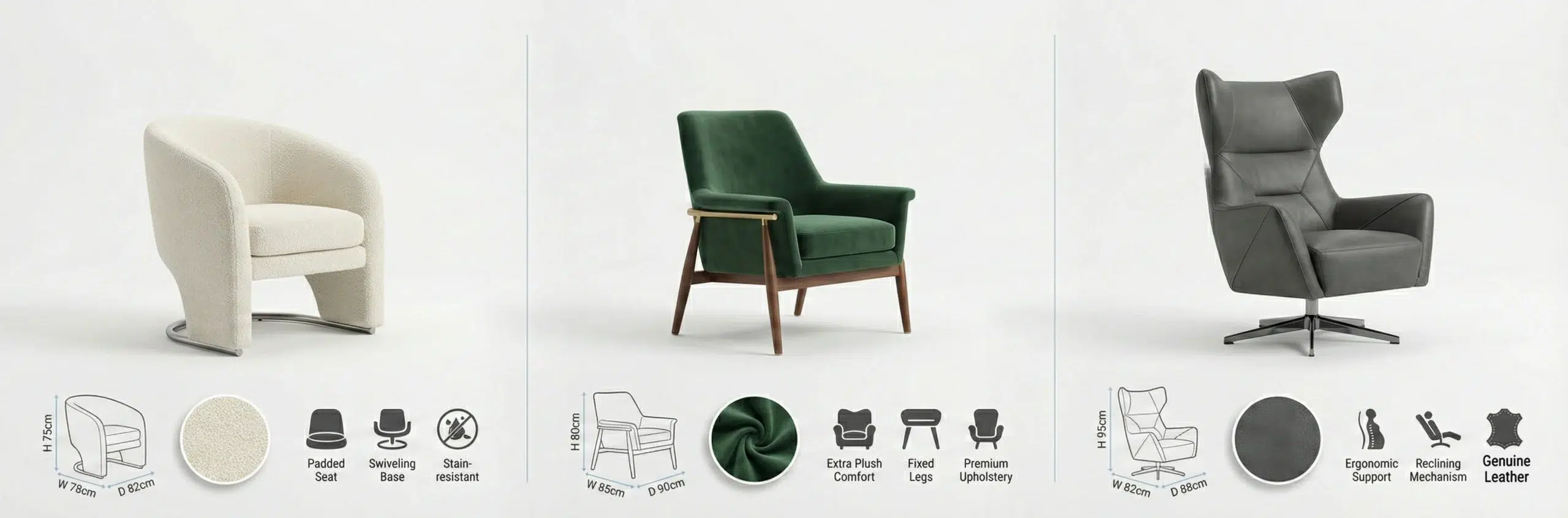 Detailed comparison chart of accent chairs showing dimensions, materials, and features for Dubai buyers