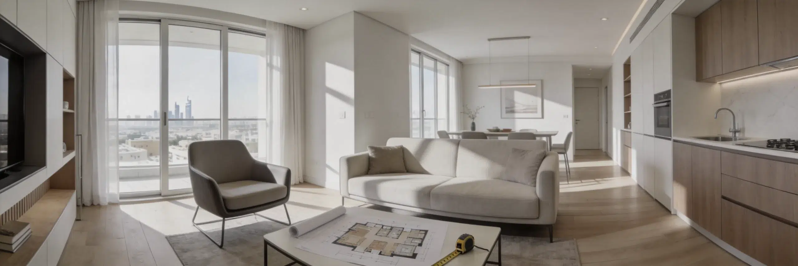 Space-saving 1 seater sofa and armchairs arranged in compact Dubai studio apartment with intelligent layout