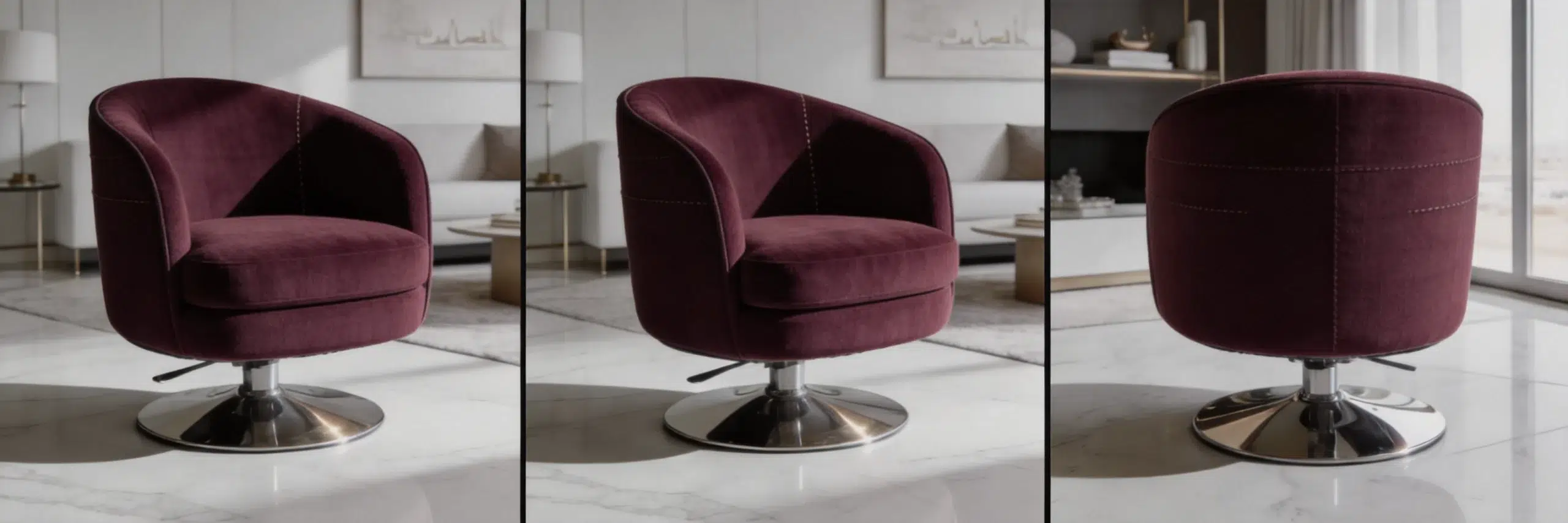 Maroon barrel swivel armchair accent chair with 360-degree rotation, premium upholstery, modern design for Dubai living rooms