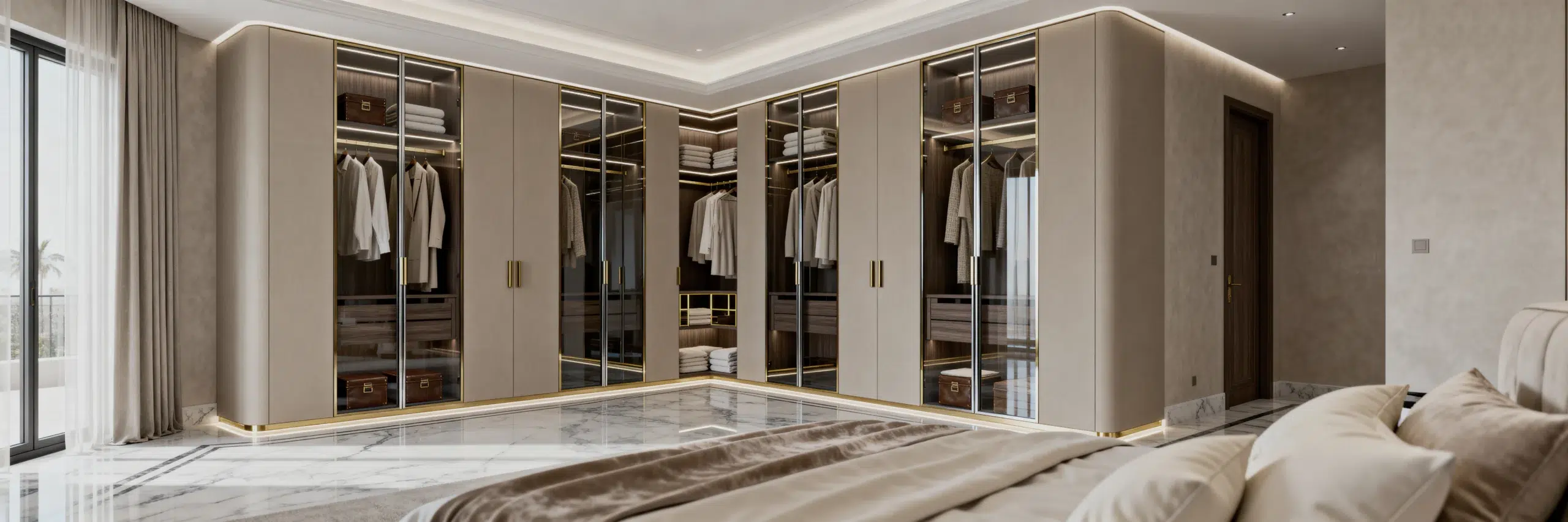 Karnak Home luxury wardrobes and closets collection Dubai UAE – mirrored sliding door and corner wardrobe display