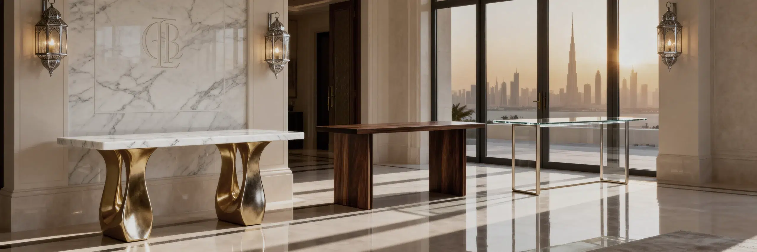 Karnak Home luxury console tables Dubai entryway marble wood glass modern collection UAE villa showcase