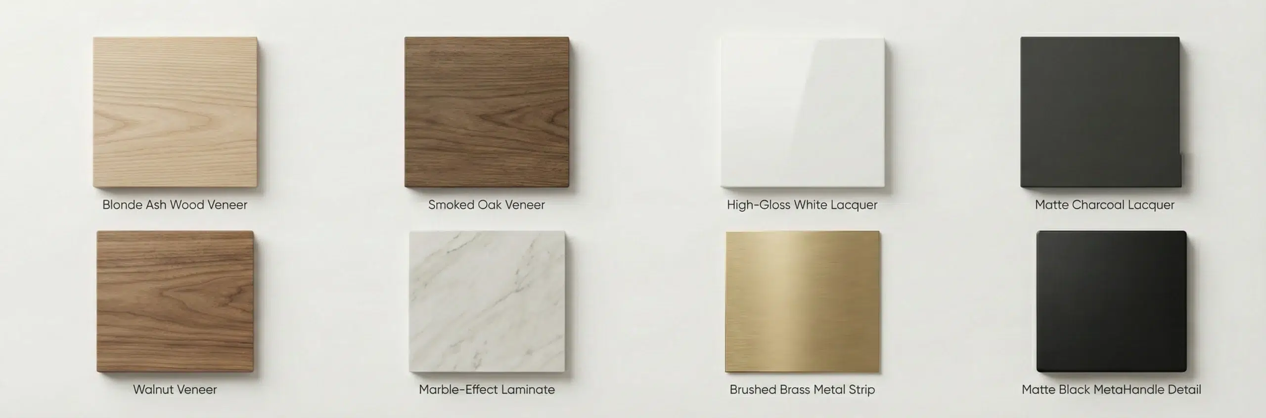 Karnak Home TV unit finish and material swatches, including oak veneer, high-gloss lacquer, and walnut options for UAE homes