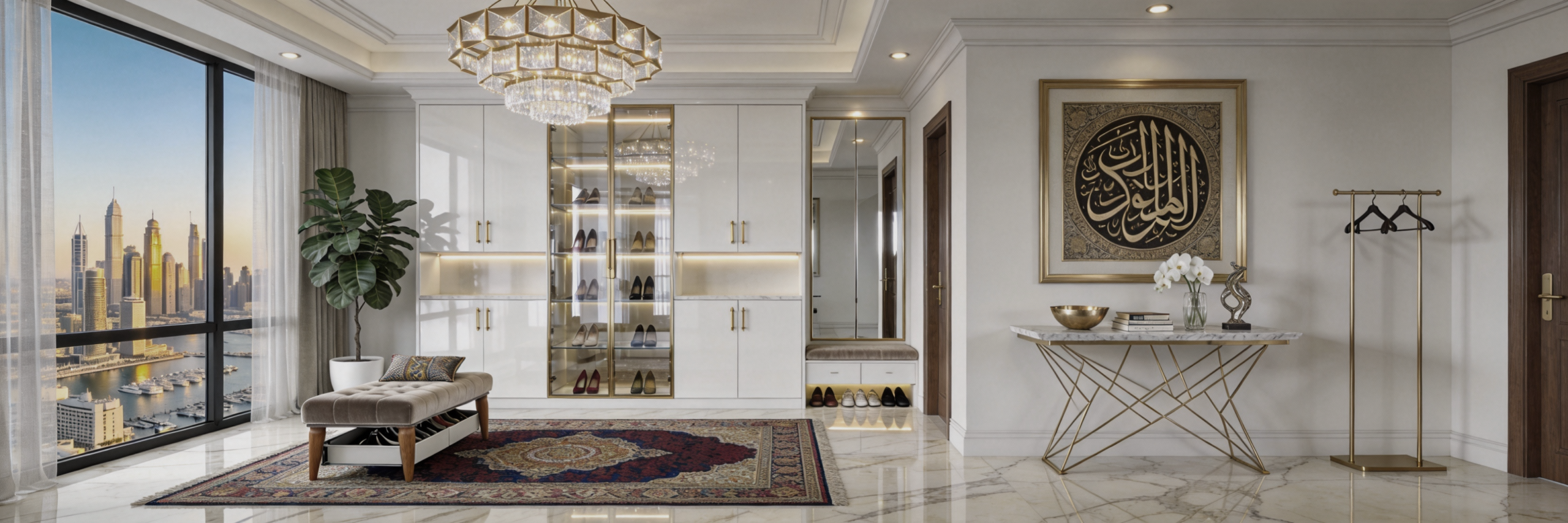 Karnak Home entryway shoe storage Dubai luxury apartment shoe racks shoe cabinet wooden designs interior furniture arrangement