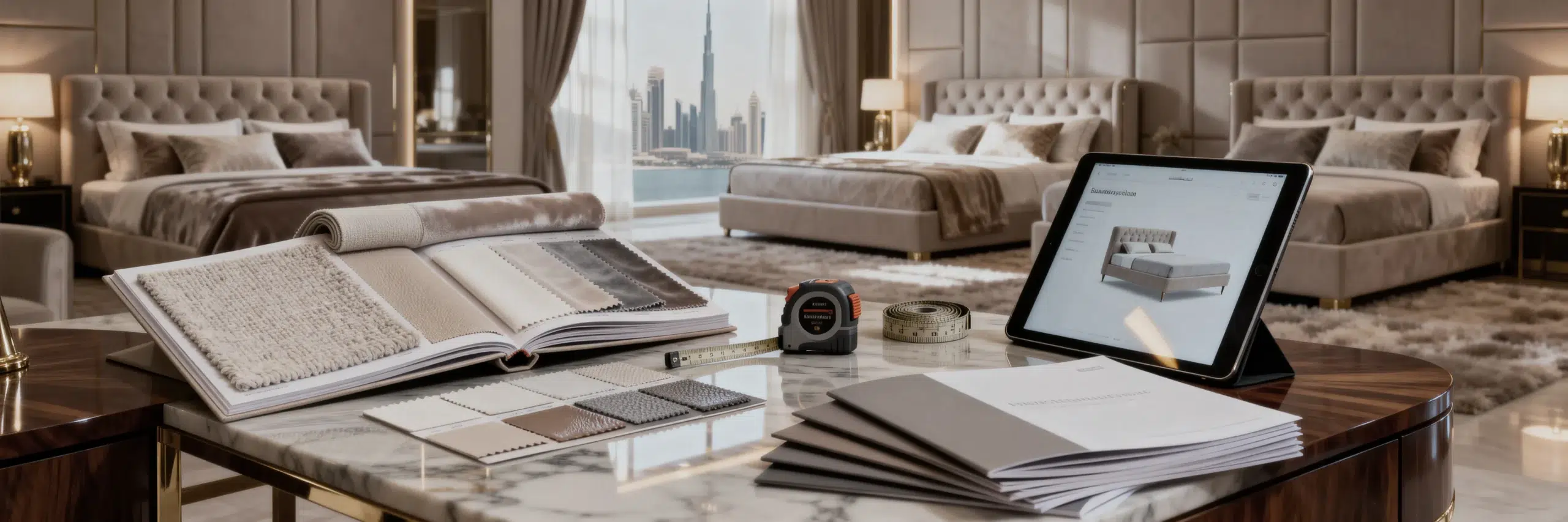 Karnak Home free home visit consultation Dubai upholstered beds selection service professional bedroom furniture design UAE