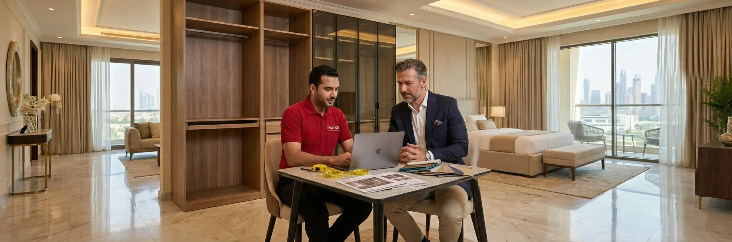 Karnak Home free home visit wardrobe consultation service Dubai UAE – bedroom design expert with client planning wardrobe closet