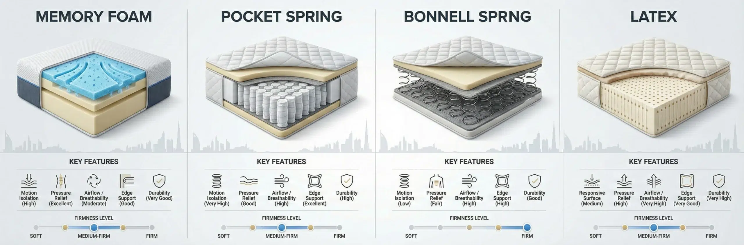 Karnak Home mattress comparison guide Dubai best mattress types memory foam pocket spring Bonnell latex UAE buying guide