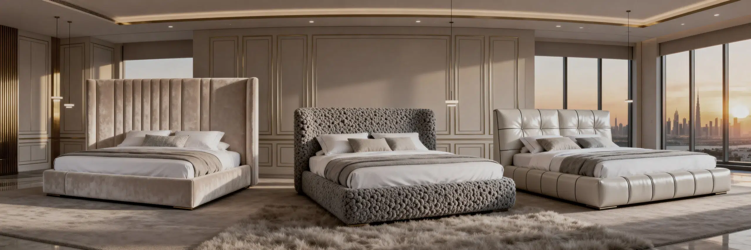 Karnak Home upholstered beds Dubai luxury bed frames velvet boucle leather storage beds UAE bedroom furniture collection