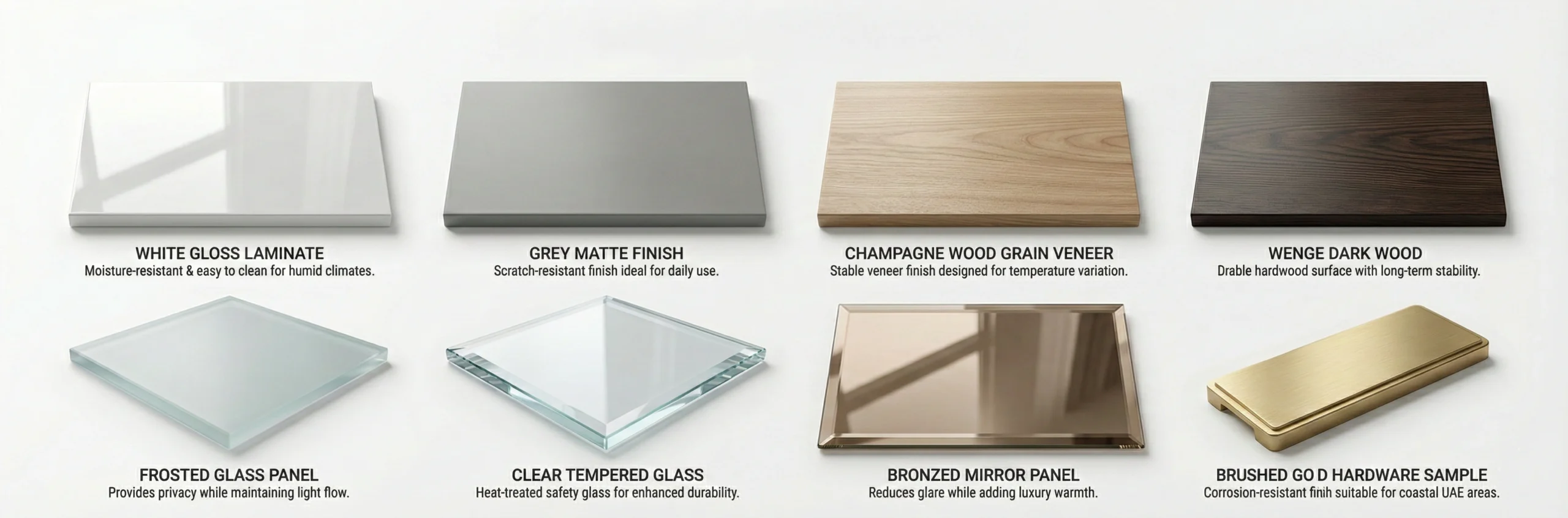 Karnak Home wardrobe materials guide UAE – glass laminate veneer and mirror finish swatches for Dubai bedroom wardrobes