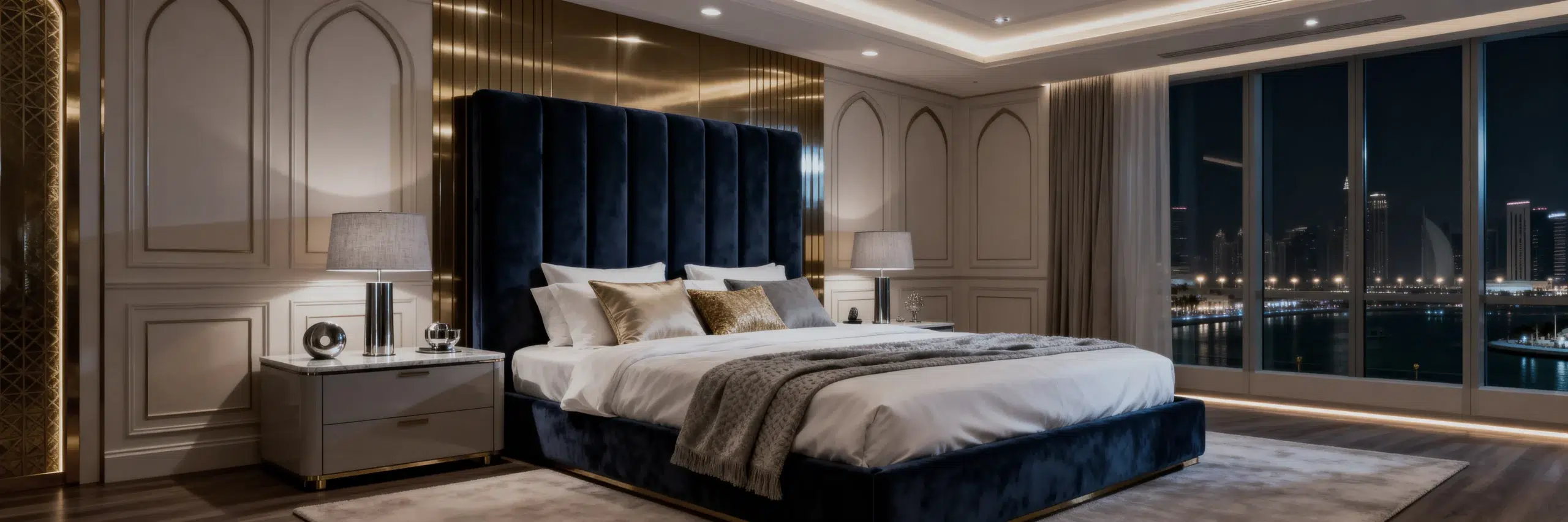 Karnak Home luxury upholstered bed Dubai master bedroom velvet bed frame premium bedroom furniture UAE interior design inspiration