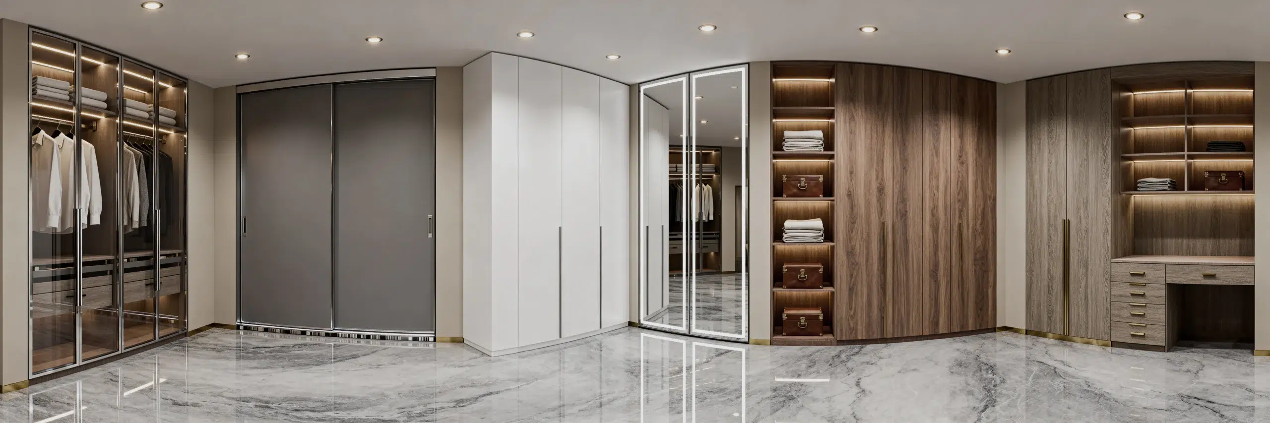 Karnak Home wardrobe collection UAE – glass door mirrored sliding corner and modular wardrobes Dubai showroom display