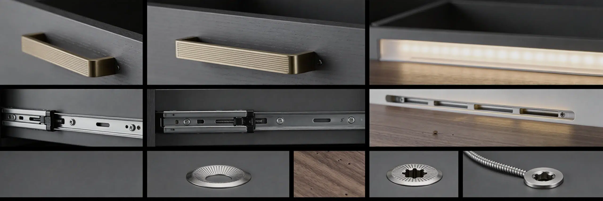 Close-up of Karnak Home TV unit hardware, LED lighting, and storage mechanisms for UAE climate durability