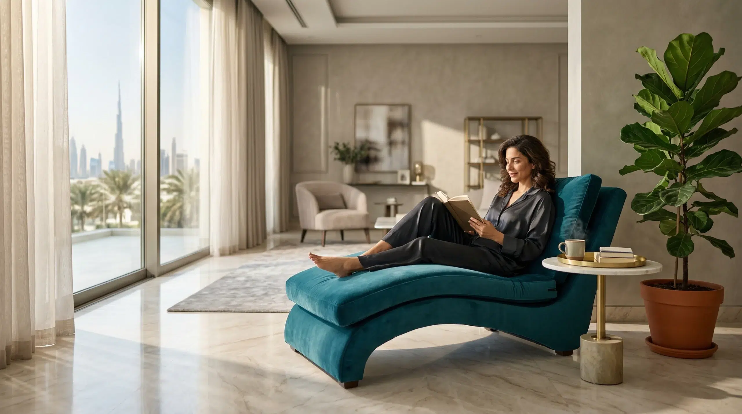 Chaise lounge Dubai living room UAE villa Karnak Home modern velvet design