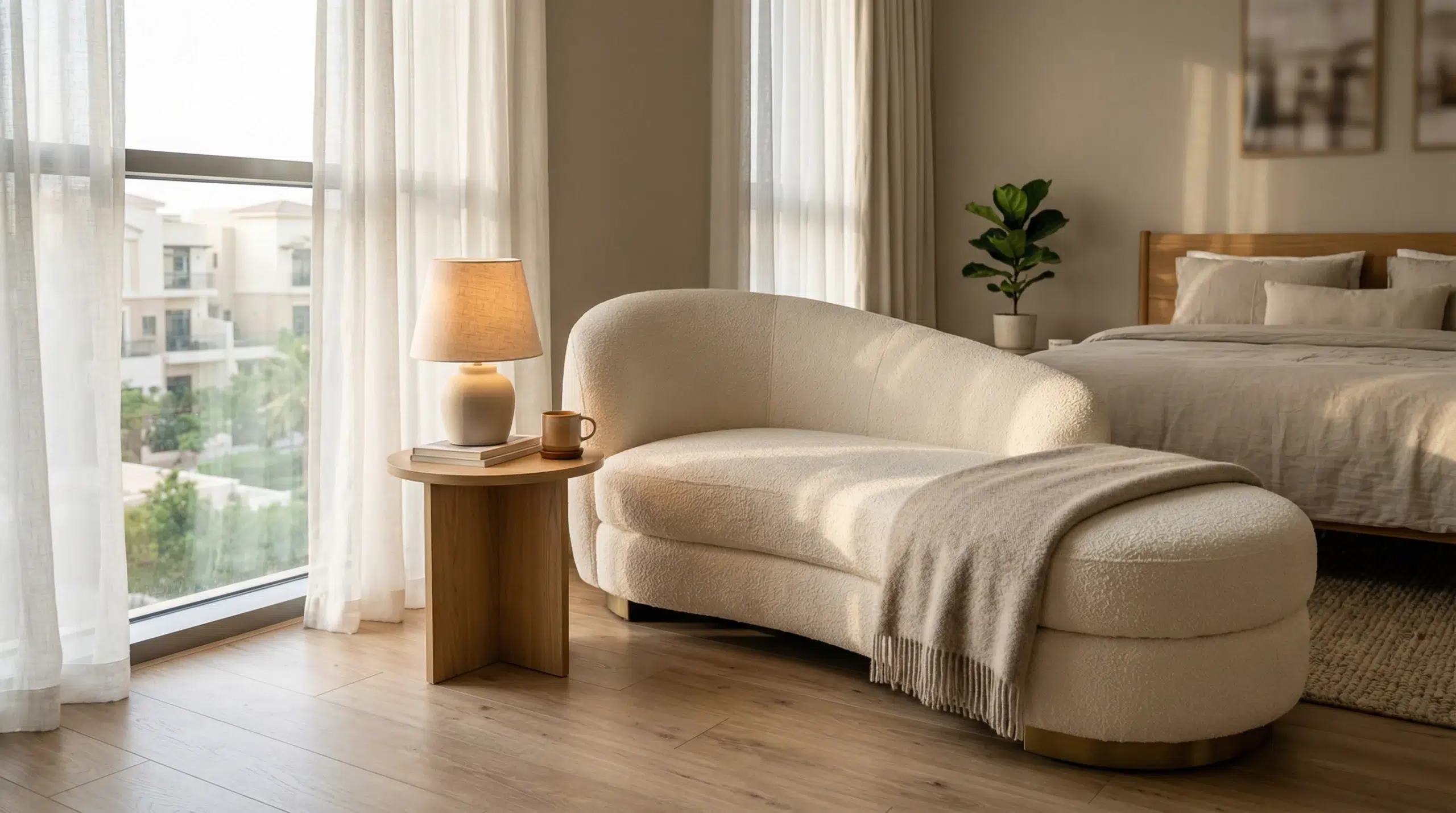 Modern indoor chaise lounge Dubai bedroom apartment Karnak Home