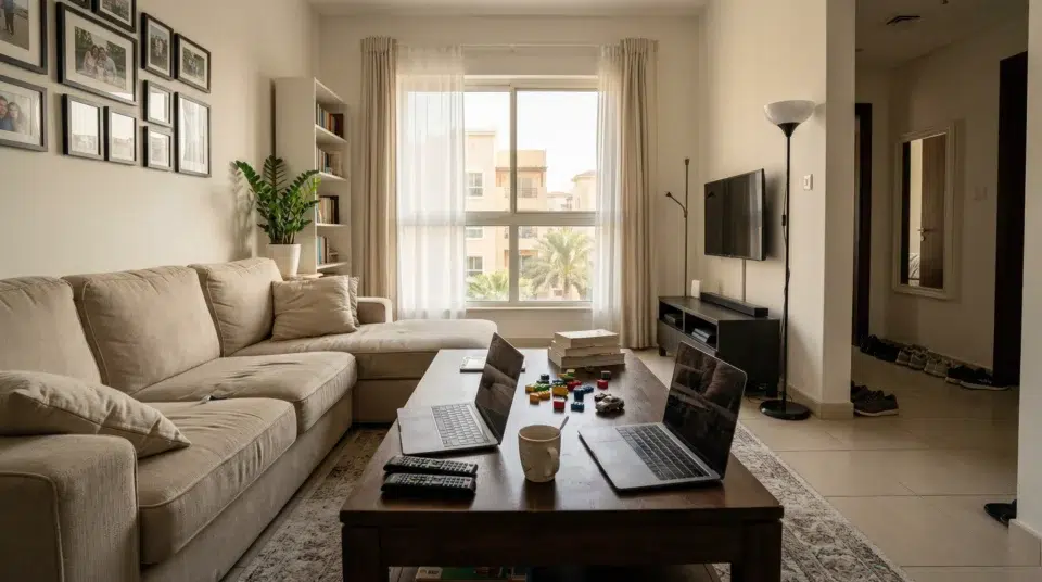 Center table mistakes UAE family JVC apartment table too big blocking walkway living room Karnak Home 2026