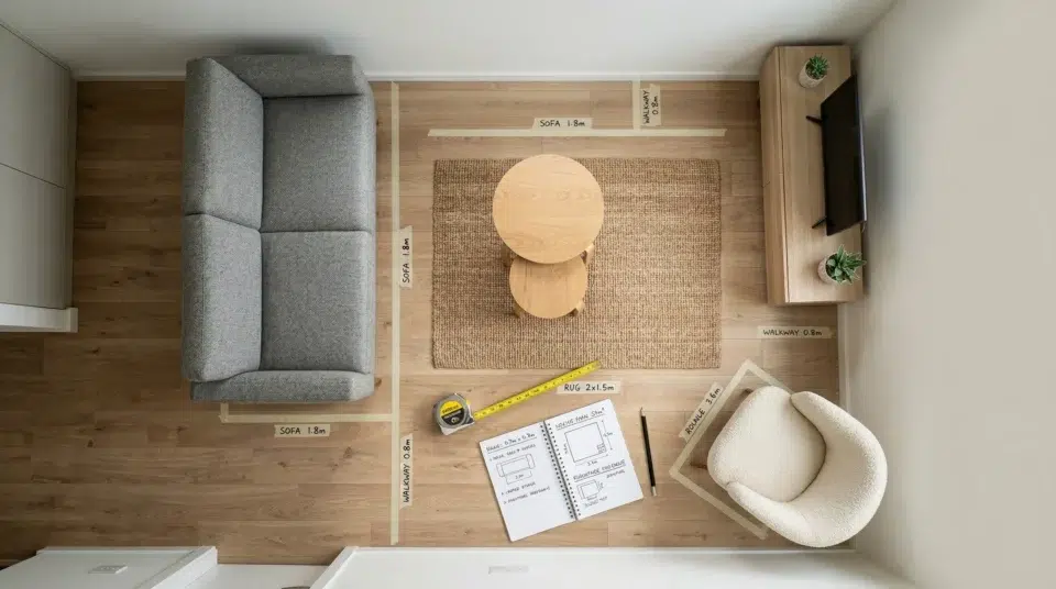 Small living room layout planning UAE apartment — furniture arrangement guide Karnak Home 2026