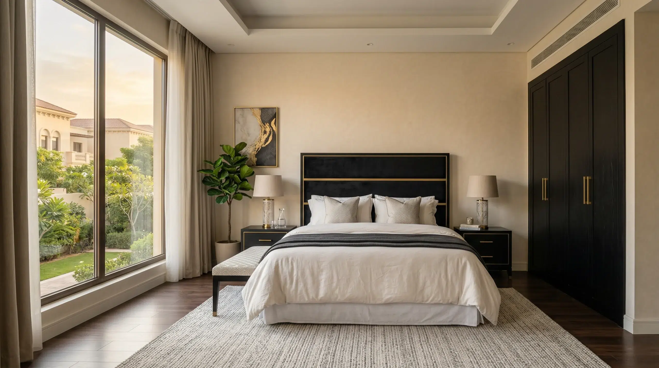 Bedroom sets Dubai — Luxury Lagoon 5-piece black gold coordinated set, Karnak Home UAE