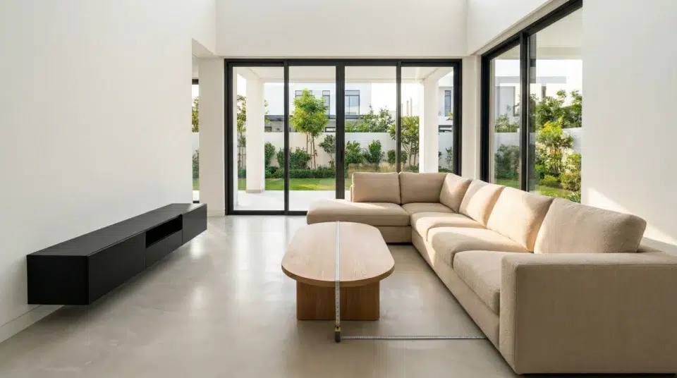 Correct center table proportion Dubai Hills villa UAE family measuring clearance distance Karnak Home 2026