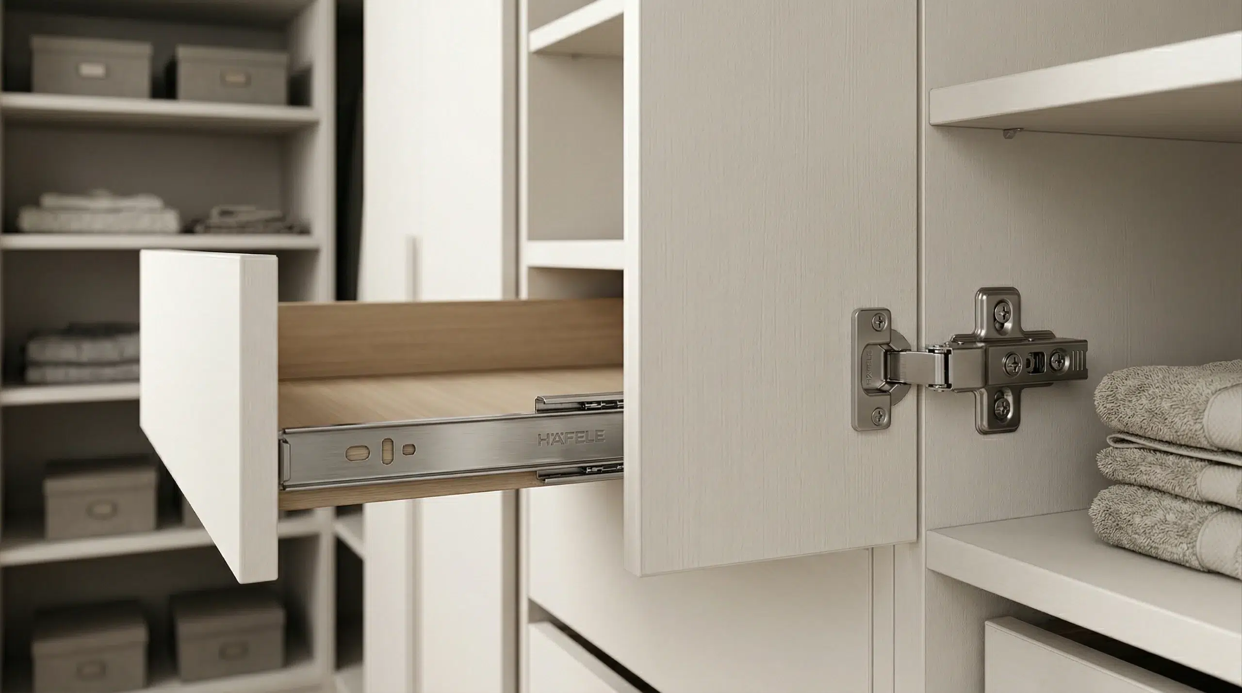 Quality bedroom wardrobe construction detail — steel runners, soft-close hinges, UAE-made Karnak Home