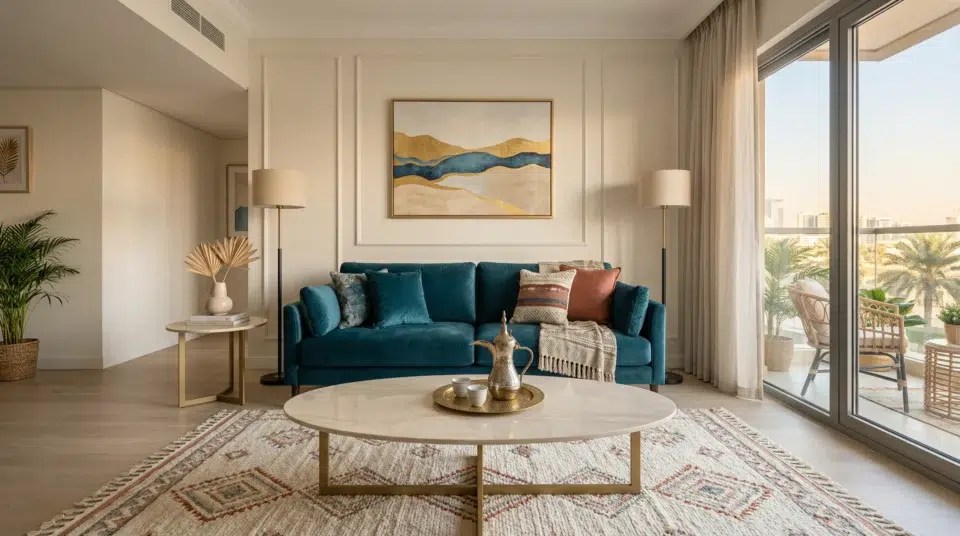 Center table style mismatch fix Abu Dhabi apartment UAE harmonious sofa rug tonal match Karnak Home 2026