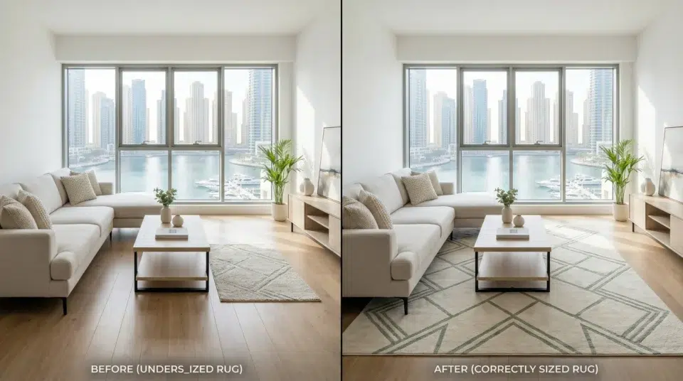 Center table placement tips UAE rug mistake fix Dubai Marina apartment before after comparison Karnak Home