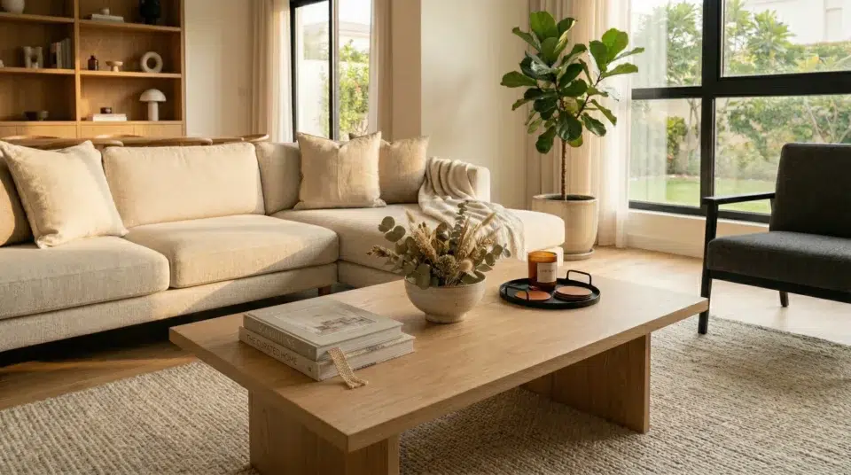 Center table styling one-third rule Mirdif villa UAE family living room correctly styled Karnak Home 2026