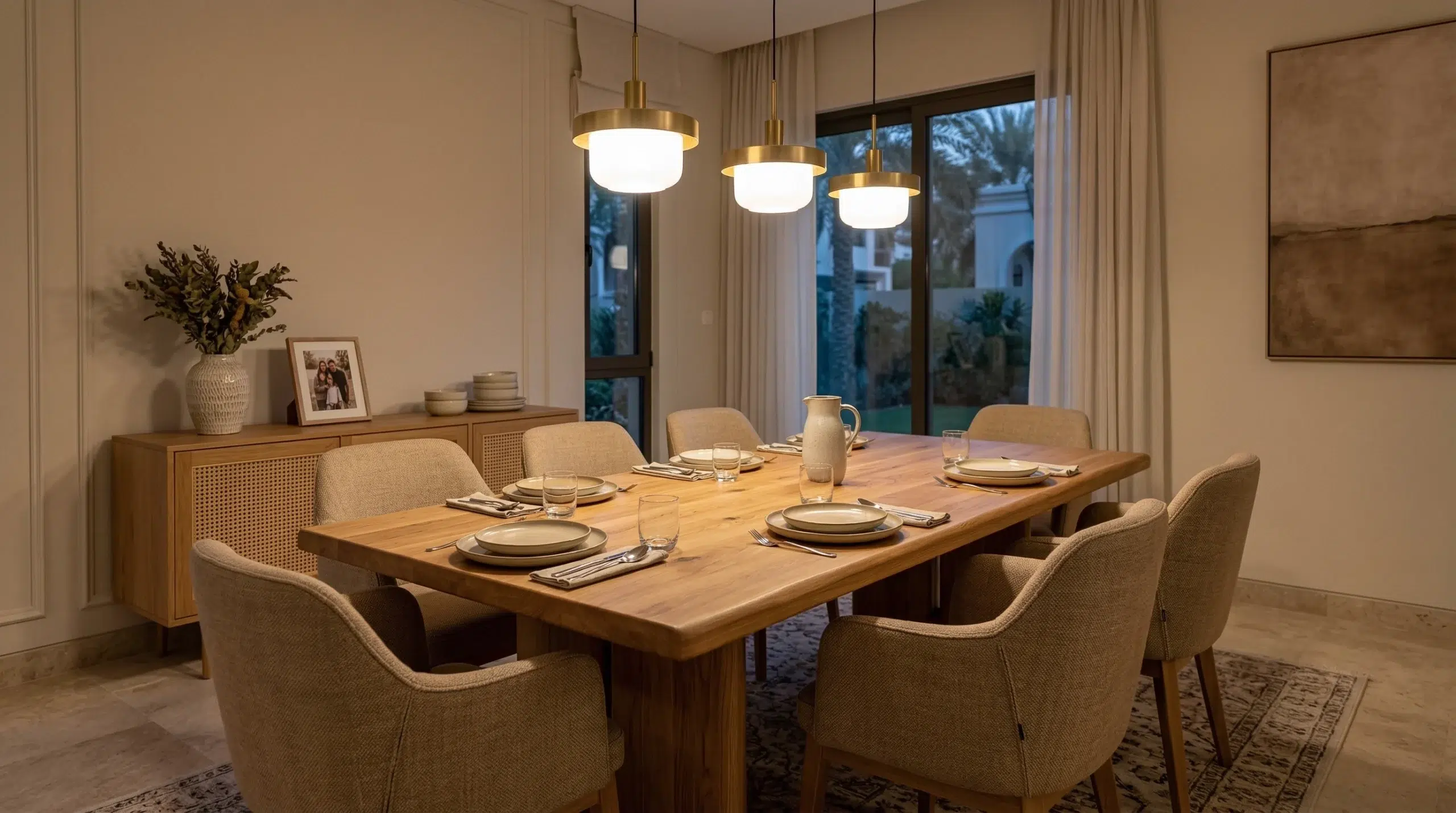 Dining table living room furniture Dubai — 6-seater solid oak dining set UAE villa Karnak Home