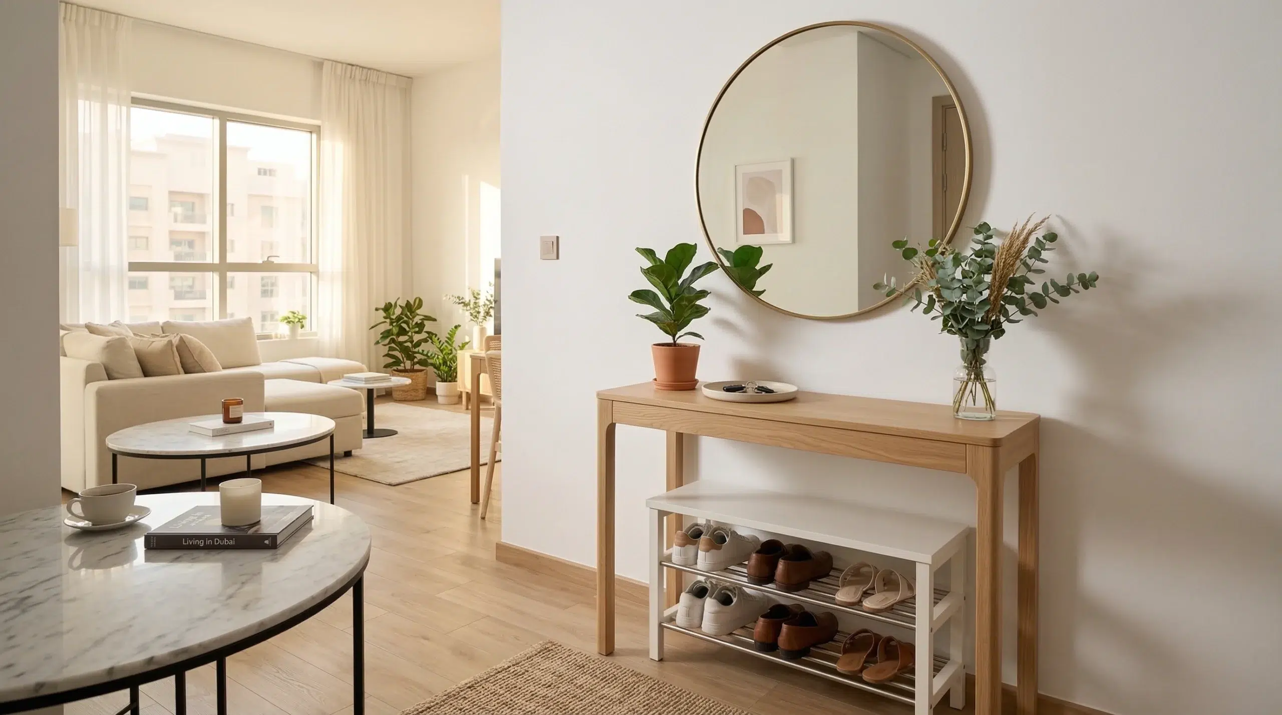 Coffee table and console table living room furniture Dubai — entrance zone UAE apartment Karnak Home