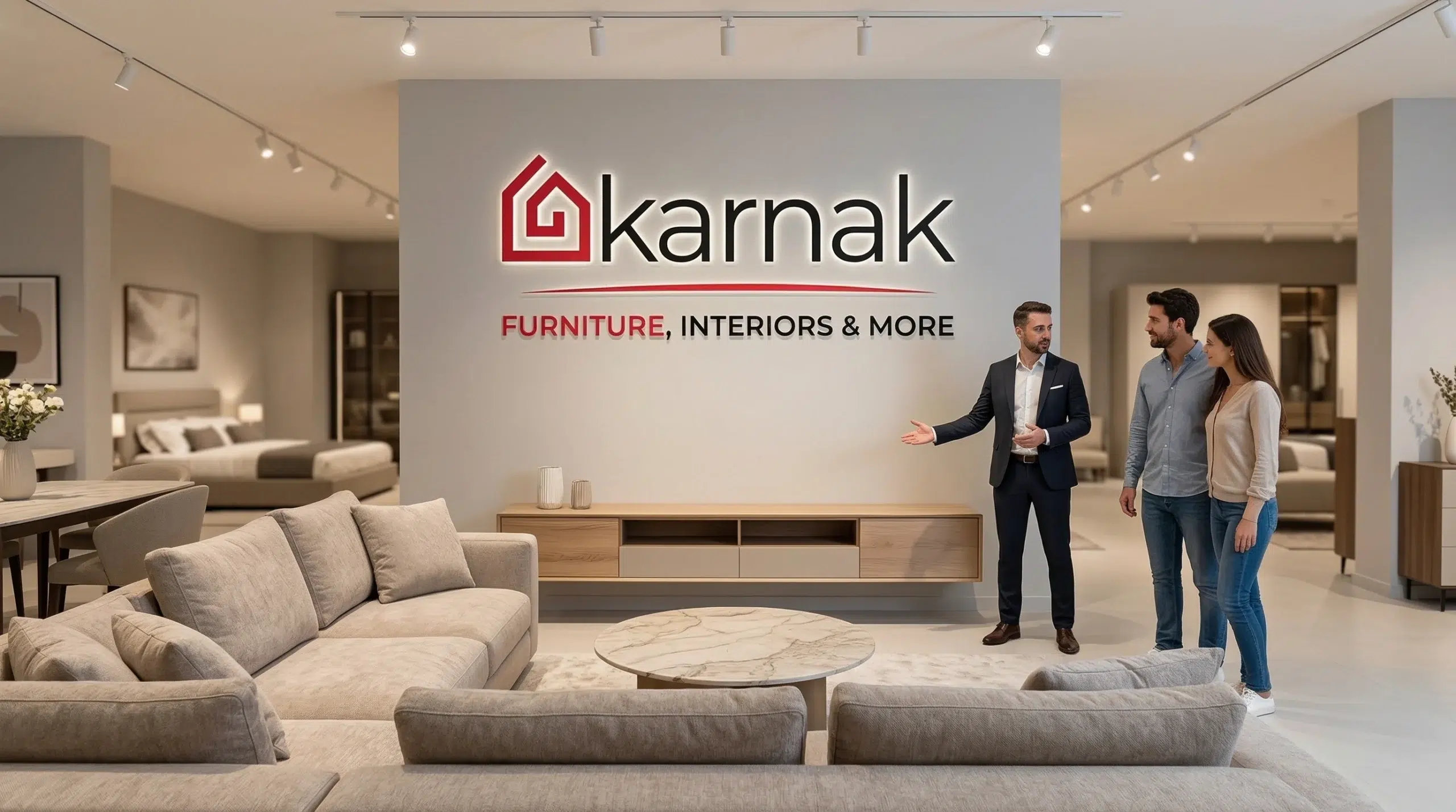 Karnak Home showroom living room furniture Dubai — consultant helping customers Arjan Dubai