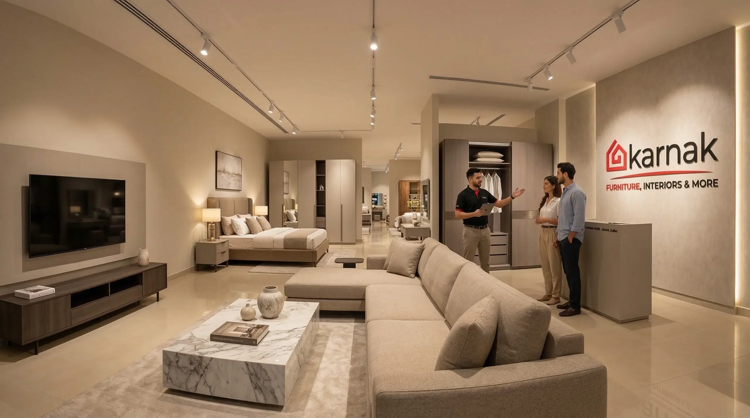 Karnak Home furniture showroom, Arjan, Dubai home furniture on display, consultant helping customers